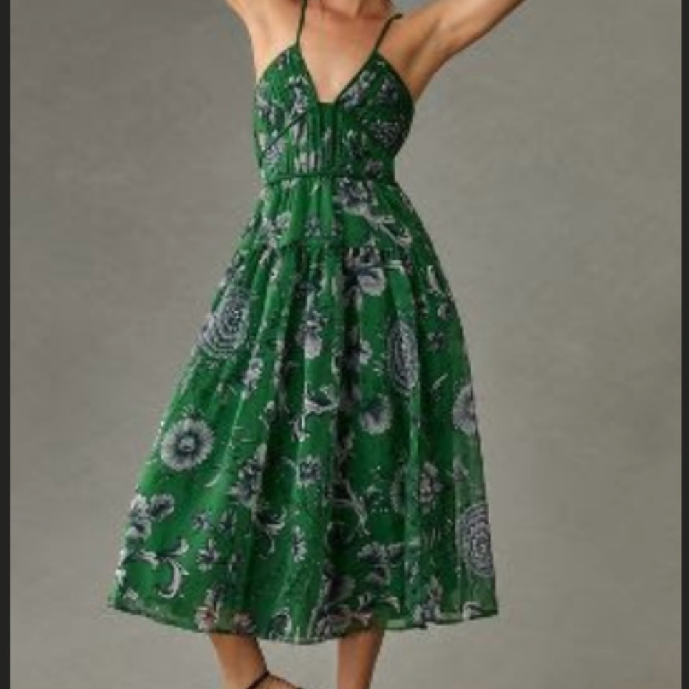 Anthropologie Green Floral Midi Dress